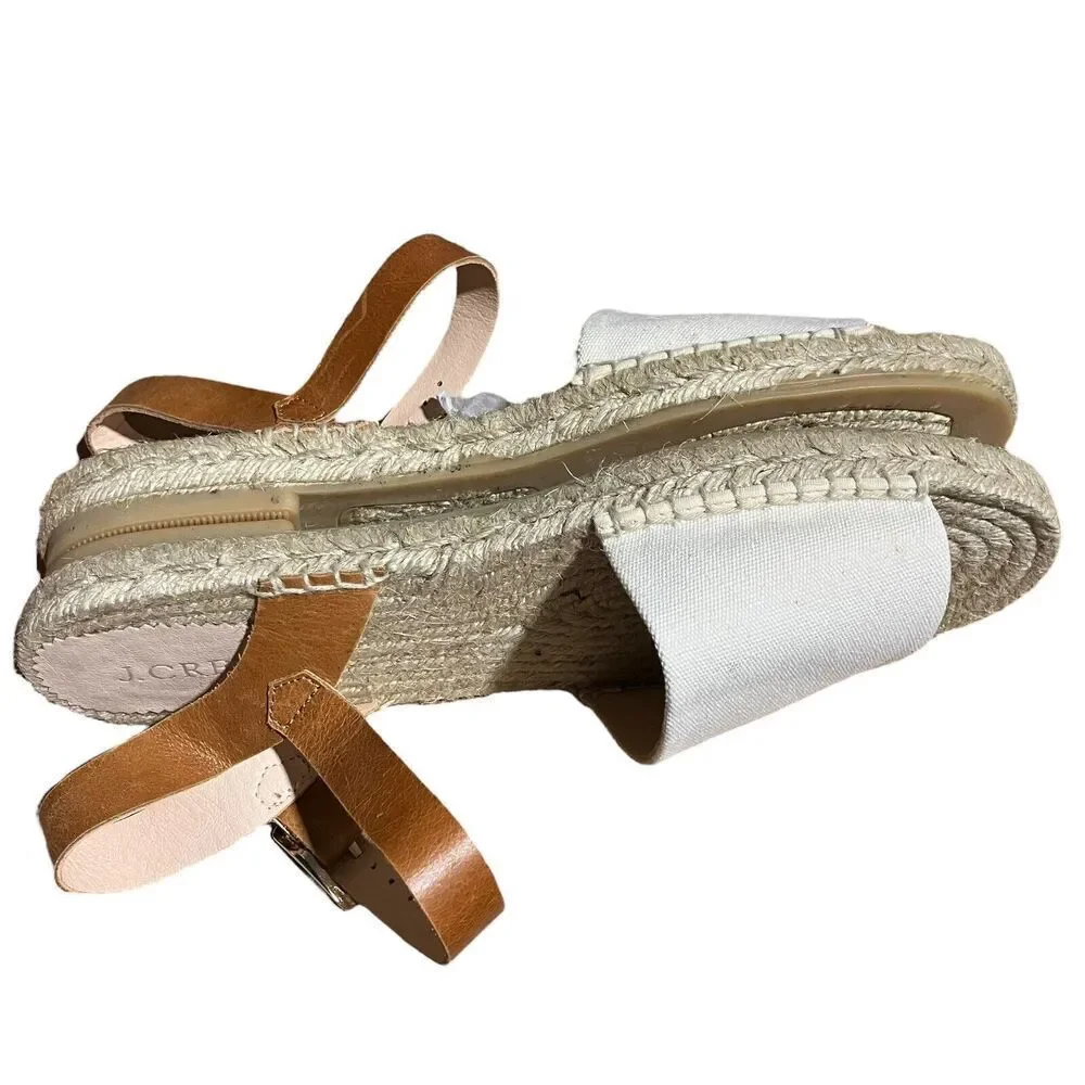 J. Crew Espadrilles WMNS 11 White Canvas Leather Made Spain ankle strap Open Toe